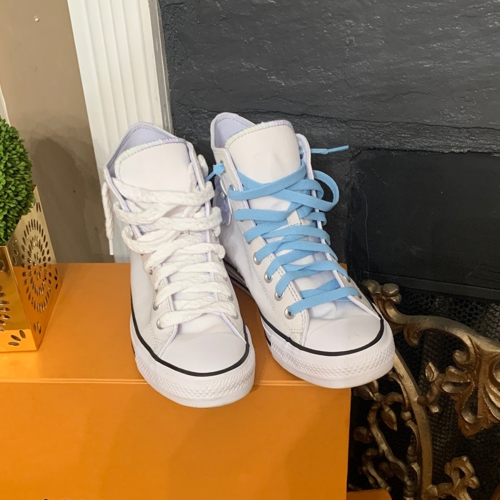 Converse White High Top Sneakers with Light Blue Laces